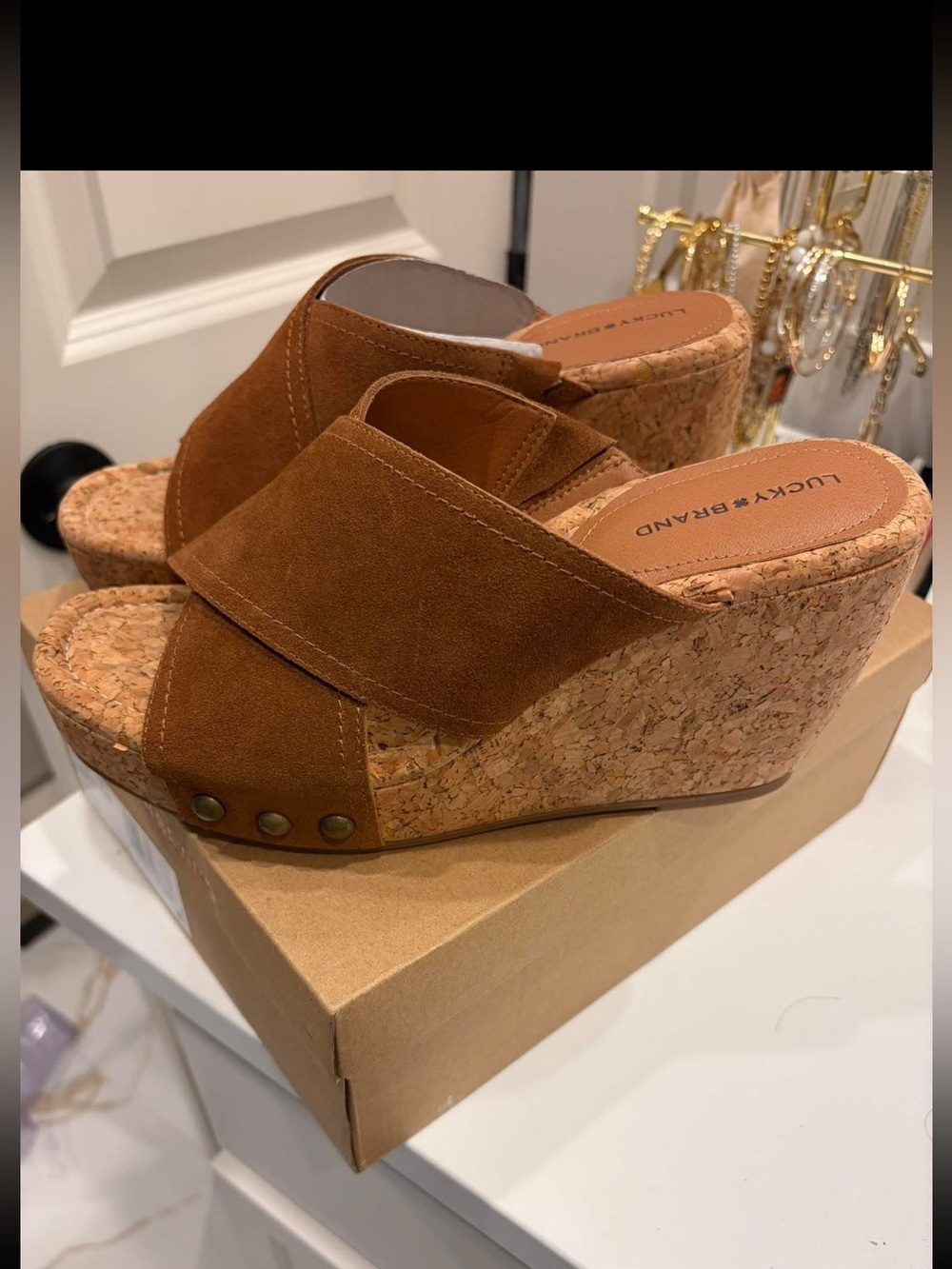 Lucky Brand Tan Suede Cork Wedge Sandals